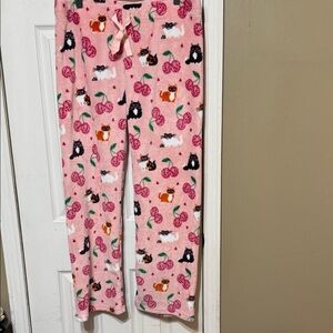 Women's Pink Pajama Pants with Cat and Cherry Print